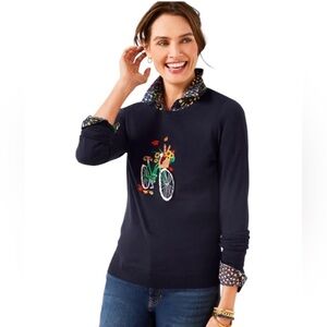 Talbots NWT Embroidered Bicycle Sunflower Floral Crewneck Navy Blue Sweater 1X